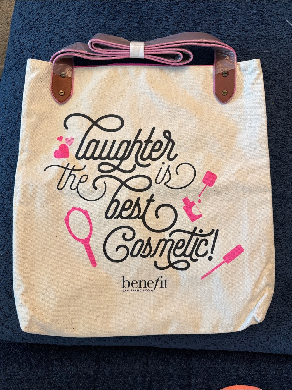 Benefit Cream Canvas Tote with Pink Accents